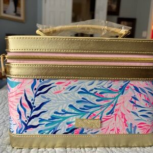 Lilly Pulitzer Gold and Tropical Print Cosmetic Case 9x6.5x5